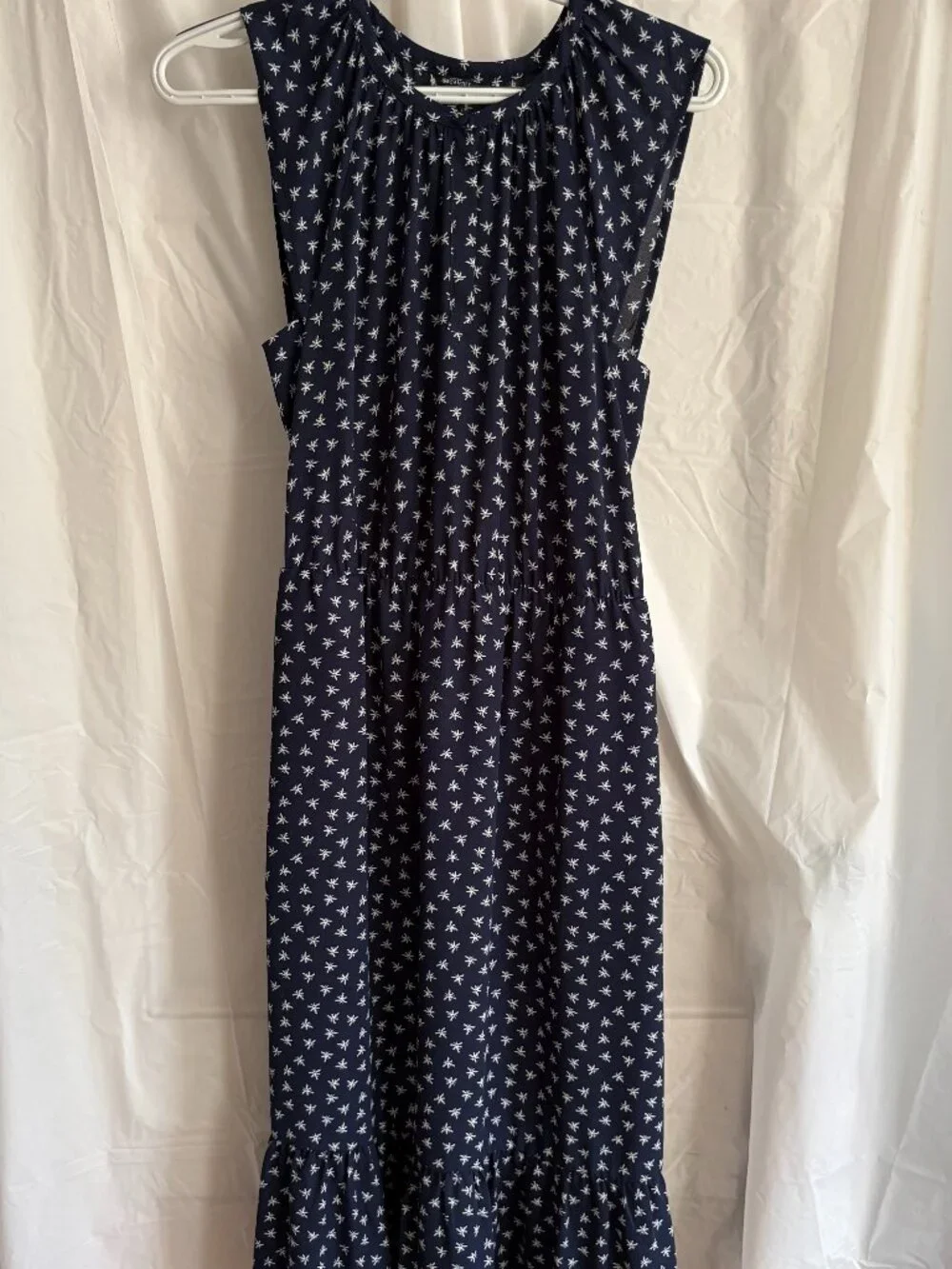 J.Crew Mercantile Navy & White Dragonfly Cap Sleeve Dress with Ruffled Bottom XS